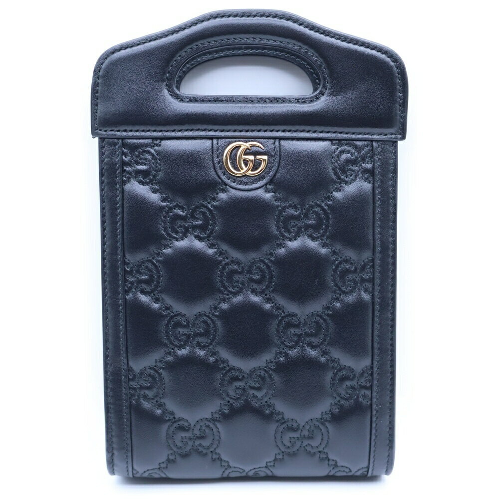 GUCCI GG Matelasse Top Handle Bag Embroidered Logo Black
